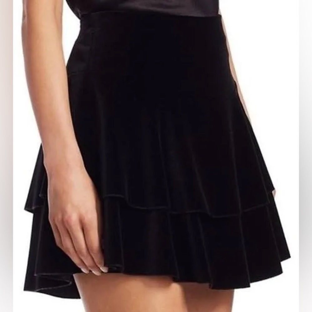 NWT Alice + Olivia Tiered Ruffle Velvet Black Mini Skirt Size 14